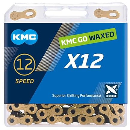 KMC Vorgewachste 12-Gang X12 Hochleistungs-Fahrradkette, Ti Gold/Schwarz | Kompatibel mit Shimano und Campagnolo 12-Gang-Systemen für reibungsloses MTB, Rennrad, Schotter- und Cyclocross-Fahren