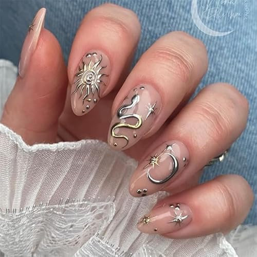 24pcs Medium Almond False Nails Nude Pink Press on Nails Silver Snake Moon Star Fake Nails Stick on Nails Removable Glue on Nails Acrylic Nail Tips Women Nail Art Accessories
