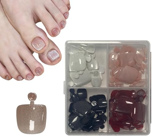 Cat Eye Press On Toenails, 4 Colors Glossy Glitter Short Square Fake Toe Nails, Soft Gel Acrylic Stick On Nails for Women and Girls,96Pcs 12 Sizes Full Cover False Toenails for Nail Art Manicure