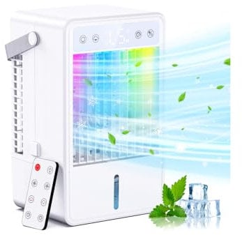 Condizionatore Portatile, Climatizzatore Portatile con Telecomando Silenzioso 1500ML, Mini Raffreddatore D'aria con 10H Timer, 5 Livelli, 7 Led Colorati, 2 Modalità di Spruzzo, Per Casa Ufficio