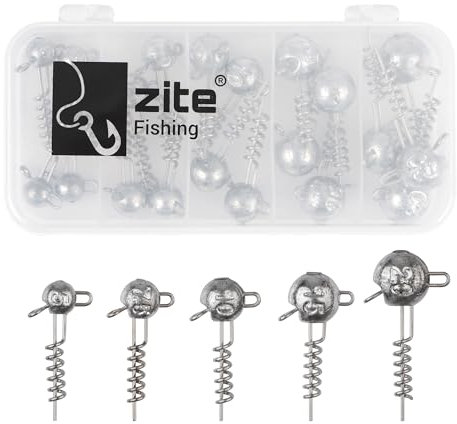 Zite Fishing Screw-In Jigkopf Sortiment | 25 Stück in Sortierbox | 5g, 7,5g, 10g, 15g, 20g | Spiral-Jigköpfe mit Doppel-Öse & Jig-Kopf | Perfekt für Barsch, Zander, Hecht & Wels (Blei)