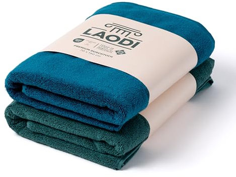 LAODI Premium Duschtuch 2er Set – 70x140 – 2-Farben-Set – Ozean tiefblau + Antikes Grün – 100 % Baumwolle – 570 g/m² – Hergestellt in Portugal