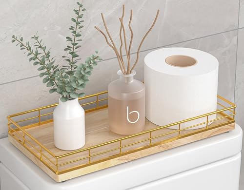 Toilet Paper Basket Organizer, Oak Wood Toilet Tank Tray with Metal Frame | Bathroom Counter Top Storage for Toilet Paper, Wipes & Decor, Modern Narrow Back of Tank Shelf Organizer, Gold & Natural Oak