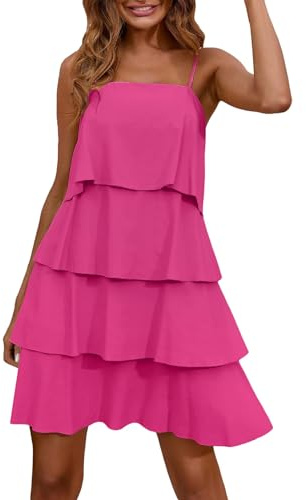 Robe De Plage Femme sans Manches- Robe Boheme Volants Superposés Décontracté à Bretelles Spaghetti Couleur Unie Fluide Léger Comfortable Chic Et Élégants De Tous Les Jours Vacances Dress