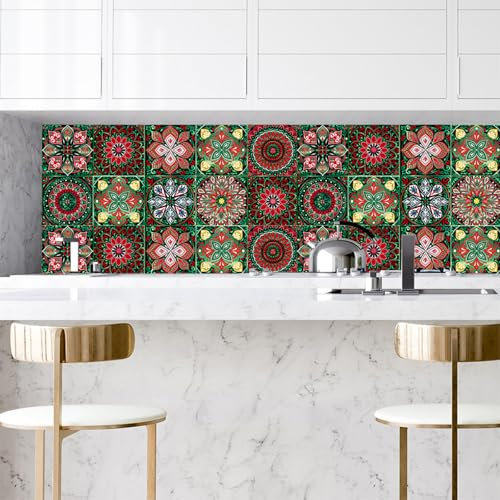 Mosaikfliesen Mandala Rot Grün Küchenfliesen Selbstklebend PVC Wasserfest Fliesensticker Badezimmer Schrank Fliesenaufkleber Wanddekoration Klebefliesen Küche 15x15cm/10 Stück