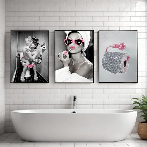 3 Affiche Salle de Bain Noir et Blanc 30X40CM Poster Toilette WC Tableau Decoration Murale Femme Toile WC Noir et Blanc et Rose Affiche Toilette Poster Salle de Bain Rose sans Cadre (BOGC120)