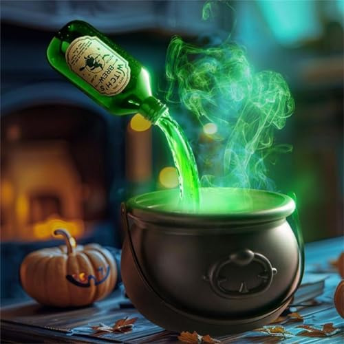 Spooky Cauldron Halloween Decorations Indoor with Floating Potion Bottles DIY Witch Kit, LED Mist Maker Fog Diffuser Magic Skeleton Cauldron for Indoor Party Table Decorations (B(26cm))