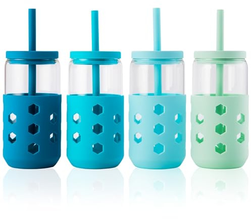 Mrsdry Glass Cups with Silicone Lids and Straws (4 Pcs), 475ml Drinking Glasses Set with Silicone Sleeves for Coffee Bar Accessories Iced Coffee Cups with Lids, Glass Tumbler Reusable for Gifts