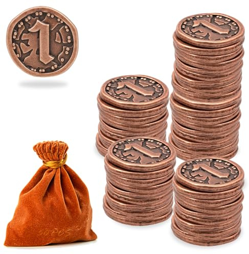 Metal Coins for Board Games, Prefdo 50 PCS Treasure Tokens for Poker, RPG, Strategy Tabletop Gaming, Fantasy Currency, Heavy Duty Generic Game Currency (Retro Rose Gold - Value 1 Coins)