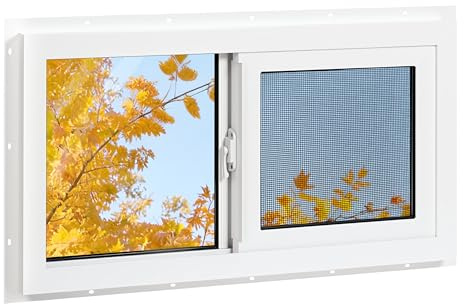 NOTASA Vinyl Basement Window, 32 x 18 Bathroom Sliding Window with Double Pane Insulated Tempered Glass and Fiberglass Screen for Basement, Bathroom, Shed (White)