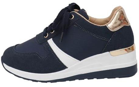 YIzdegg Zapatillas deportivas con tacón de cuña para mujer, suela gruesa, con cordones, para el tiempo libre, cómodas, ligeras, antideslizantes, de trekking, clásicas, azul, 46