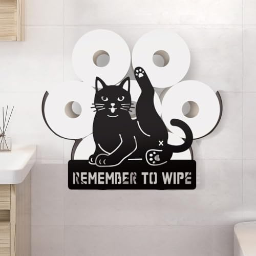 WADORN Black Cat Metal Toilet Paper Holder, N'oubliez Pas d'essuyer Le Papier Toilette métallique décoratif Chat pour 8 Rouleaux supplémentaires Funny Decor Freestanding Wall Mounted Organizer