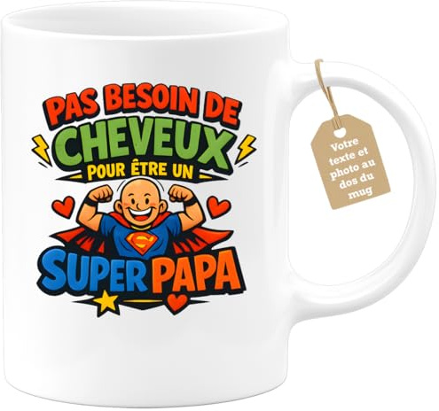quotedazur Café-Croissant - Mug Personnalisé Papa Texte Photo - Tasse Fête Des Pères Pas Besoin De Cheveux Pour Être Un Super Papa - Cadeau Drôle Papounet - Blanc/céramique