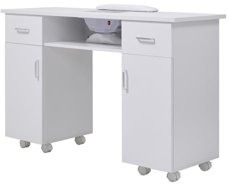Warmiehomy Professional Dust Collector Nail Salon Manicure Table Nail Station Dust Collector Table Beauty Desk 8 Castor Wheels 2 Pull Out Drawers 2 Cupboard for Home Salon 120 * 45 * 80cm(White)