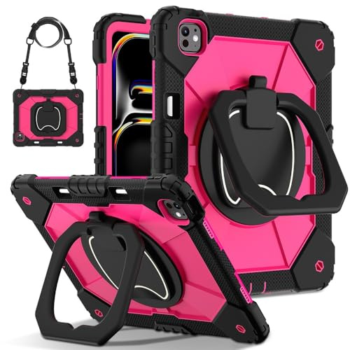 Generic Custodia compatibile con iPad Air 13 (M3) 2025 (colore: nero e fucsia) custodia completa posteriore rigida in silicone con supporto e tracolla