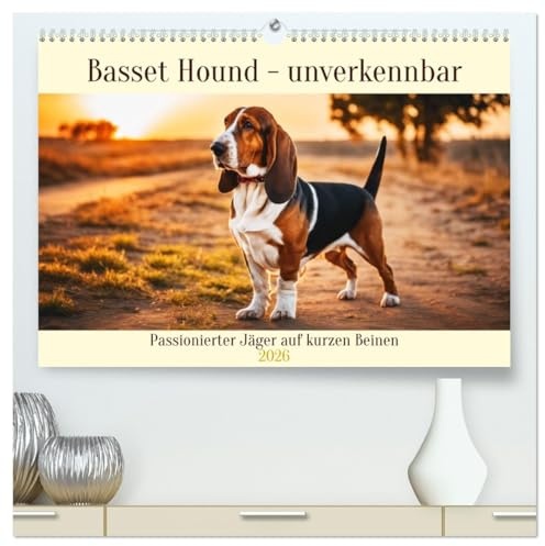 Basset Hound - unverkennbar (hochwertiger Premium Wandkalender 2026 DIN A2 quer), Kunstdruck in Hochglanz: Passionierter Jäger auf kurzen Beinen (CALVENDO Tiere)