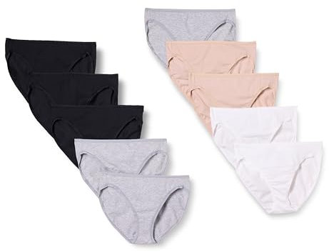 Amazon Essentials Culotte en Coton Taille Haute (Disponible en Grande Taille), Respirant Femme, Lot de 10, Beige/Blanc/Gris Chiné/Noir, 48