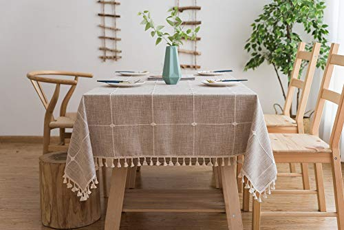 Lanqinglv Quaste Tischdecke 90x90 Beige Kariert Baumwolle und Leinen Tischtuch Couchtisch Tischdecke Quadratisch Abwaschbar Küchentischabdeckung für Speisetisch (90x90,Beige)