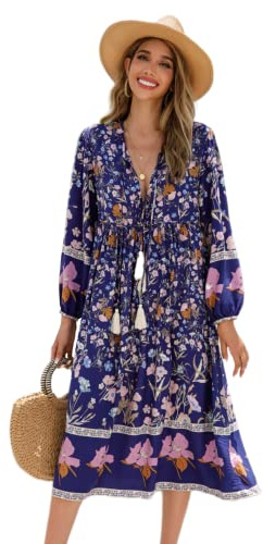 R.Vivimos Damen Beiläufig Bohemien Drucken Krawatte Langarm Strand Stil Lang Midi Urlaub Kleid