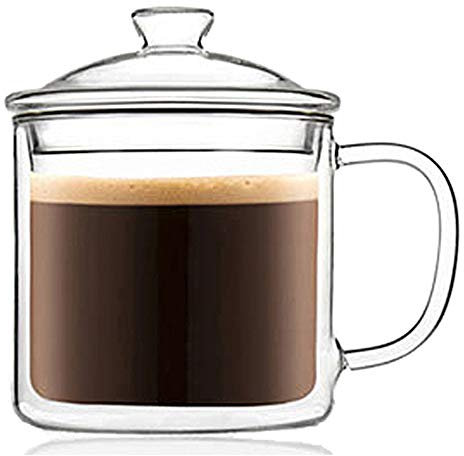 TAMUME Estilo de Oficina Doble Pared Taza de Vidrio con Filtro y Tapa (350ml)