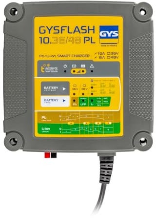 GYS, GYSFLASH 10.36/48 PL, Chargeur de Batterie Intelligent Plomb & Lithium (LiFePO4, Li-ION), 8A/10A, Véhicules 36V/48V (Vélo électrique, Voiturette Golf), Maintien de Charge Sécurisé, Désulfatation