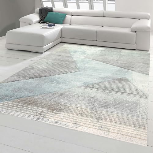 Teppich-Traum moderner Wohnzimmerteppich abstraktes Muster gestreift grau blau grün schwarz - pflegeleicht Größe 140x200 cm