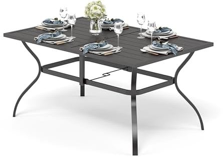 PHI VILLA Gartentisch Outdoor Terrasse Tisch für 6 Personen 152 * 95cm Rostfreier Stahlrahmen mit Sonnenschirmloch Outdoor Garten Esstisch Wetterfest