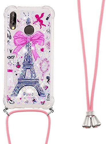 Handykette Handyhülle für Huawei P Smart 2019 Hülle,Glitzer Quicksand kreatives Fließende Flüssigkeit schwimmt Silikon Case mit Umhängeband Handykordel Band Kette für Huawei P Smart 2019,YB GS Tower