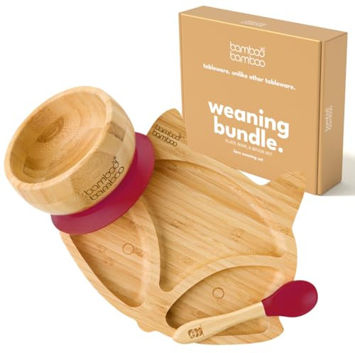 bamboo bamboo Plato Y Tazón Para Bebé, Set De Destete Con Succión Segura, Plato De Bambú En Forma De Zorro, Tazón Para Niños Y Cuchara, Vajilla Antideslizante Desde 6 Meses (Zorro, Cereza)