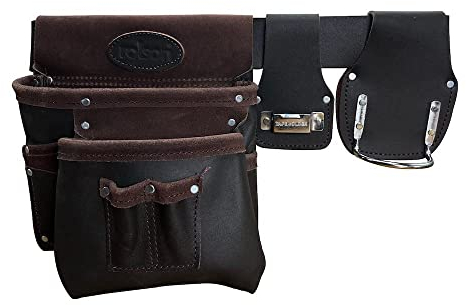 Rolson 68865 - Borsa porta attrezzi in pelle con cintura, nastro adesivo e porta martello, marrone