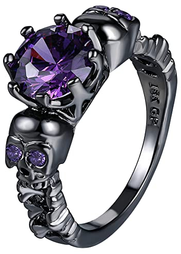 OIDEA Herren-Damen Ringe Schwarz Totenkopf mit Lila Zirkon Persönlichkeit Punk Stil Vintage 54 (17.2)