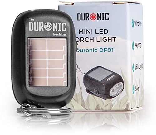 Duronic Keyring LED Torch DF01, Pocket Flashlight, 2-Way Charging - Wind Up and Solar Panel, Eco, Crank Handle Rechargeable, 8 Lumens, Dynamo Keychain Light, No Batteries Needed
