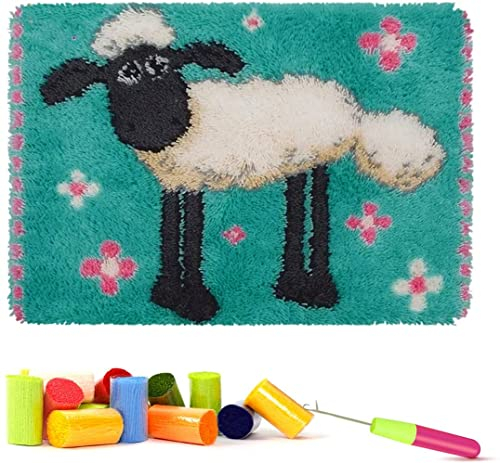 ROCKY&CHAO Knüpfhaken-Set für Erwachsene, Schaf, 50 x 38 cm, DIY-Knüpfhaken-Set für Schaf, Teppich, Teppichherstellung, Kreuzstich, Stickset, Handarbeit, Bastelteppich für Heimdekoration