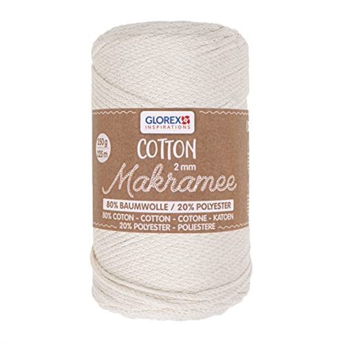 GLOREX 5 1008 01 - Makramee Cotton, 250 g, 2 mm, Länge 225 m, creme, dreifachgedrehtes Baumwollgarn, 100 % Baumwolle, zum Häkeln, Stricken, Knüpfen und Gestalten