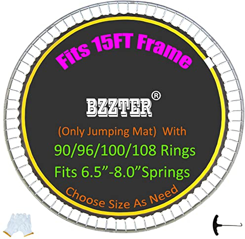 Bzzter Ersatz-Trampolin-Matte, 4.5 m, 108 Ringe, 398 cm Durchmesser, passend für 19.1 cm,21.6 cm Feder, nicht 4.5 m Durchmesser, 10 Reihen Nähte für längere Lebensdauer. /Zughaken und Handschuhe