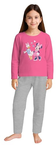 Disney Minnie Mouse Schlafanzug für Mädchen - Minnie & Daisy Kinder Pyjama Set Langarm Oberteil mit Hose Pink/Grau