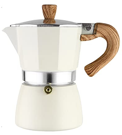 STRTT BOT de Moca clásica Italiana, cafetera Octogonal con válvula Individual, Lata de Filtro de café para el hogar de café al Aire Libre con asa de Madera,Blanco