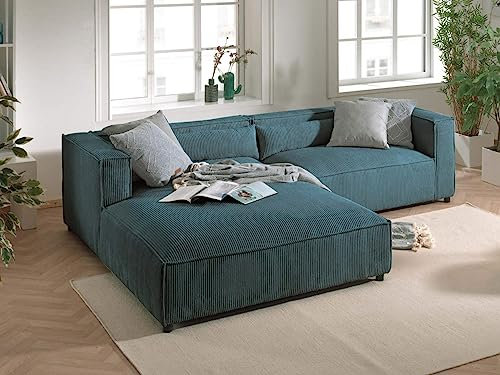 Lisa Design ELA – 4-Sitzer Ecksofa Links – aus Cordsamt – zeitgenössischer Stil Entenblau