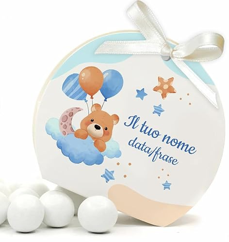 Mr Pubblicita - 30 Scatoline Portaconfetti + 30 Nastrini - STAMPA INCLUSA - Bomboniere Battesimo Nascita Primo Compleanno Baby Shower - Scatole sacchetti Personalizzata (Nuvoletta Boy)