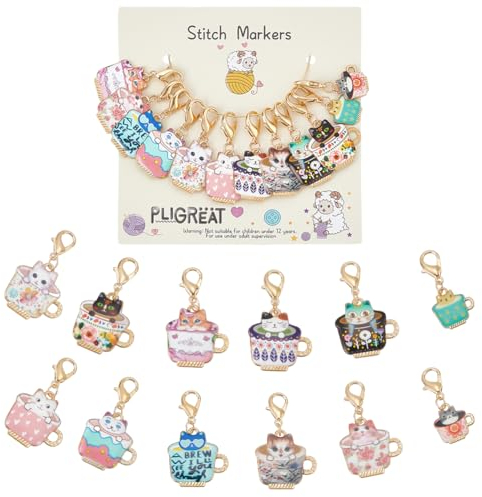 PLIGREAT 12 Pcs Coffee Cup Cat Stitch Marker Set Colorful Alloy Removable Locking Knitting Markers for Weaving Sewing Quilting DIY Necklace Bracelet Making Accessories Christmas Gifts