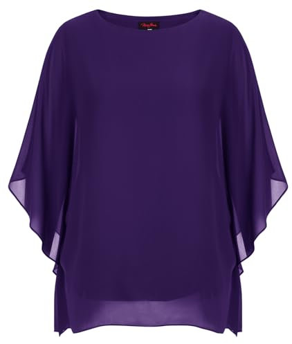 Hanna Nikole Camicette da donna in chiffon taglie forti elegante camicia a pipistrello a doppio strato top sciolto camicia lunga, Viola, 16 Plus