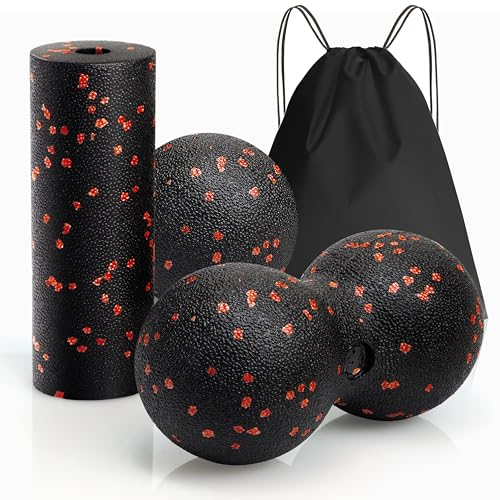 Faszienball und Faszienrolle Set, Kleiner Massageball Fazienrolle für Wirbelsäule Rücken Nacken Fuß, Mittelhart Blackroll Duoball für Faszientraining DurchfüHren, Schmerzen Lindern