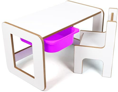 Industrial Living Tavolo per bambini con cassetto lilla - Tavolo da gioco - Tavolo da disegno con seggiolone - Scrivania per bambini - Tavolo attività - Legno - Bianco