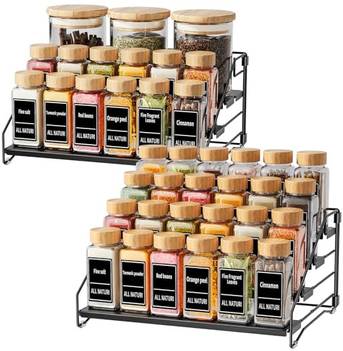 MAYZOLOP 4 Etagen Gewürzregal Stehend, Gewürzregal Ohne Bohren, Einstellbar Schwarz Gewürzregal für die Schrank Organisation, Metall-Gewürzregale für die Küche, Breite 34cm - 2Pack