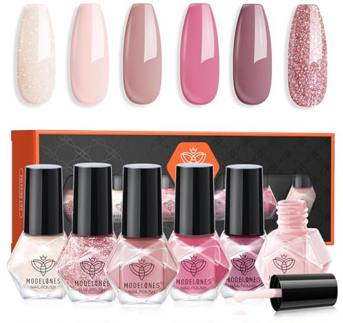 Modelones Nail Polish Set 6 Colors Pink Brown Nail Polish Quick Dry Nail Varnish Finger Glitter Nude Nail Polish Manicure DIY Nail Art Salon Home For Women