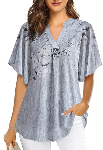 Datuhao Sommer Blusen & Tuniken Elegant Festlich Kurzarm Tunika Frauen Modern Mode 2024 Fashion Shirts Mesh Oberteil Grau Damen Longtunika