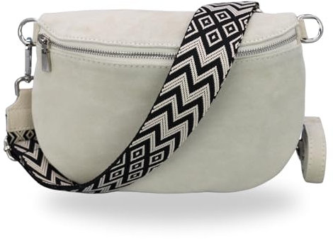 BRISE Bauchtasche Damen Wildleder AFIA Handgemachte Umhängetasche Crossbody Bag mit Ledergurt + Optionalen Breiten Gemusterten Riemen 3 Fächer Stylische Hüftltasche Made in Italy (Beige - 4)