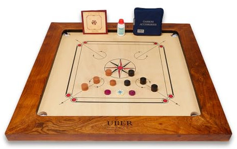 Uber Games - Bulldog Carrom Brett Set mit Tasche- 94 x 94 cm - Offizielle Größe des Spielbretts inklusive Carrom Zubehör - Hartholzkanten für optimalen Rückprall - Made in India