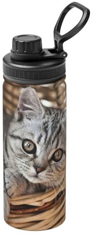 Botella de agua deportiva aislada al vacío con estampado de gato, botella de agua de acero inoxidable de 18 onzas para gimnasio, deportes en casa