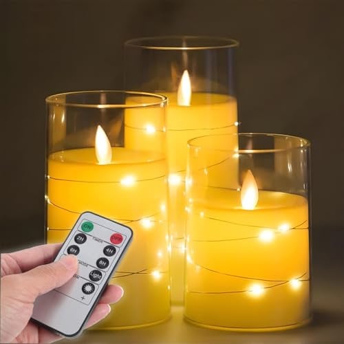 LKH Flickering LED Candles with Remote Set of 3 - Electric Candles Adjustable Brightness and Timer - Acrylic Holders Battery Candles for Decoration, Party, Dinners and Events